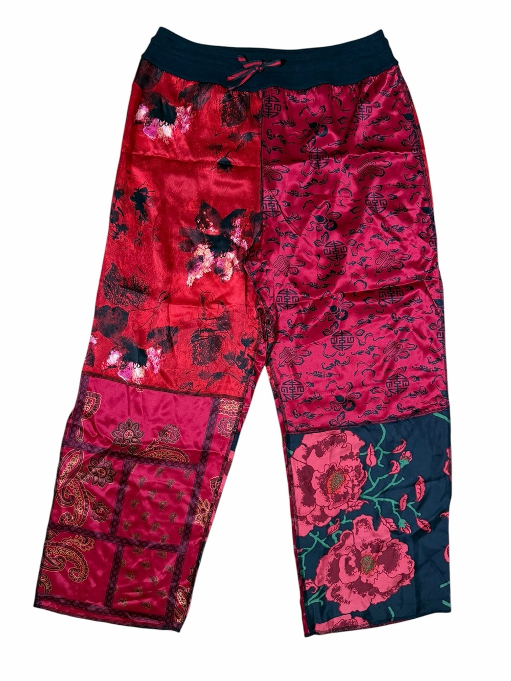 Chico’s Design Silk Patchwork Wide Leg Pants Red Floral Boho US XL